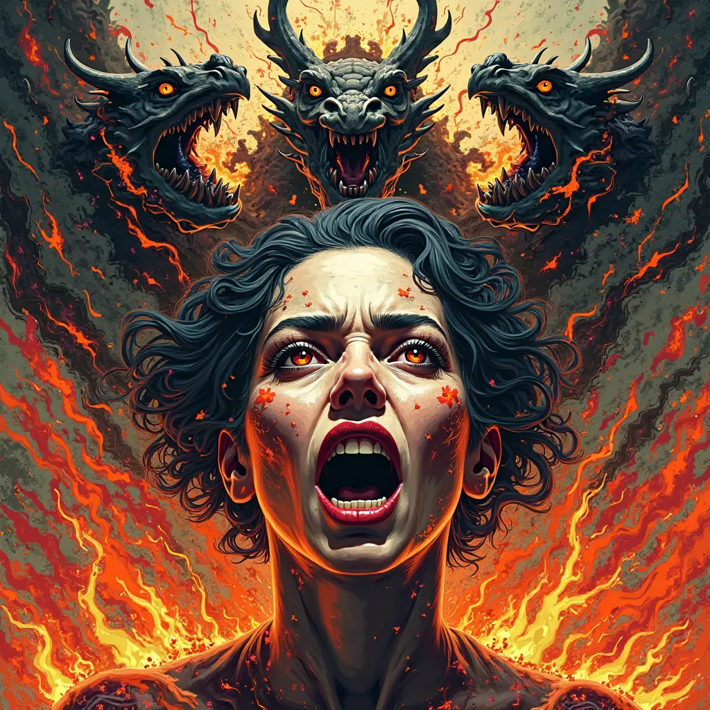 A woman's face in cubist art nft colored 3d woodcut Ghidorah on fire with horns giant angry destroyer setting fire through the mouth with lightning with flashy rain