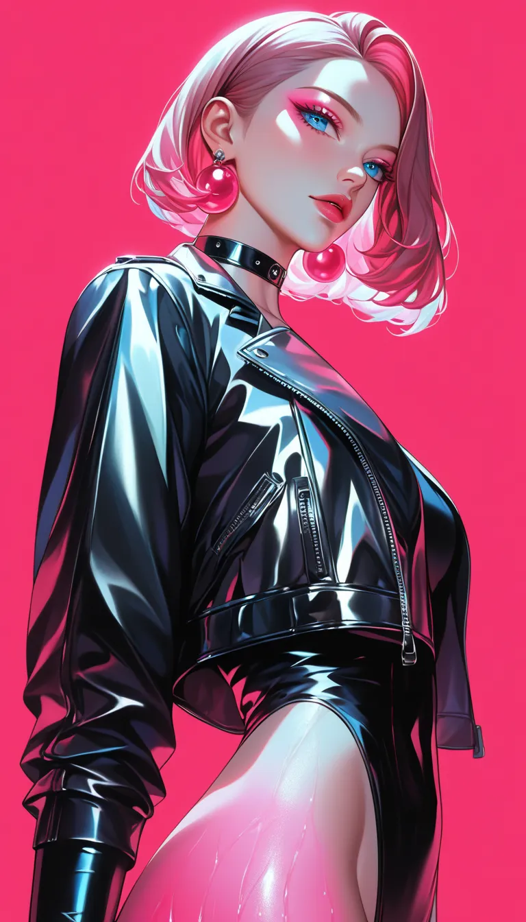 score_9, score_8_up, score_7_up, score_6_up, dark theme，sinozick style，
 (Shaped arc red fluorescent light effect:1.5)(illumination magic department：1.6)，(gravure_pose, high contrast，anime coloring，greyscale ),leather jacket,leather choker,(1 elegantly dre...