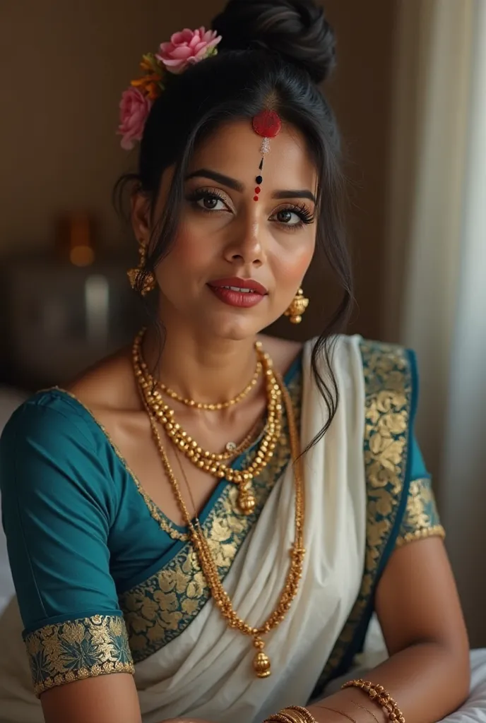 Side view of a mature Hindu milf sitting on a table looking at camera, with lust in her eyes, black hair tied around, flowers in head,sandal mark on forehead, sindhur on forehead (vermilion mark on forehead in the middle of hair partition,transparent white...