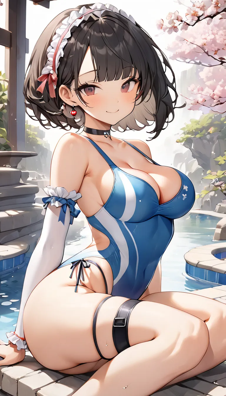 ((black hair short hair、with bangs))（Height: 160cm、sexy body）((Competitive Swimsuit Design(Narrow straps and garter-style accessories on the arms and thighs)（It leaves the sportiness of a competitive swimsuit and makes my legs look longer and more beautifu...