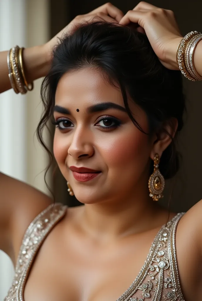 No extra hands,A glamorous Indian bride with a voluptuous, curvaceous figure,Hair tied up,She is showing dark armpits as her hands are on head,She is having big huge enormous gigantic humgous breast,Sexy navel ,sexy deep cleavage,hair bun,standing in a bed...