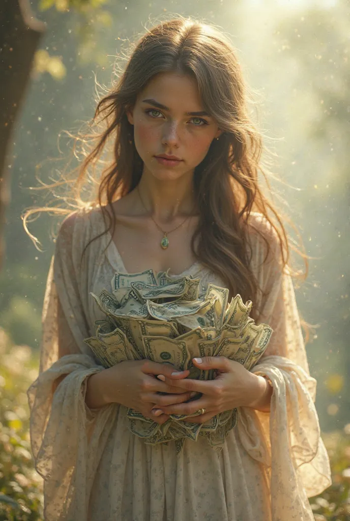 Create a beautiful girl photo,  Gentle , e, wear a tunic, hugging a big lump of money