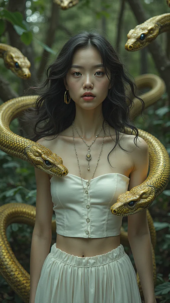 (AWPortraitFL LoRA V16),a girl's face in the middle of many green and yellow snake face, pleated white miniskirt ,top corto white, medias white hasta el muslo, in the style of chinapunk, Iconic album covers, soft-focus portraits, luke fildes, light amber a...