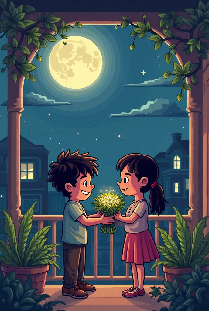 Two people on a gourmet porch, a boy delivering a bouquet of marijuana to the girl, And she's looking at,  on a full moon night , with a wide view and several surrounding buildings, in pixel