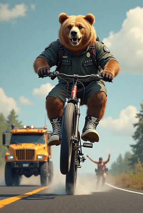 T-shirt of a bear with tall tennis shoes riding a mountain bike doing whelis on a highway and behind the police in a swat truck that looks more like the trap genre and bandit in black and white 