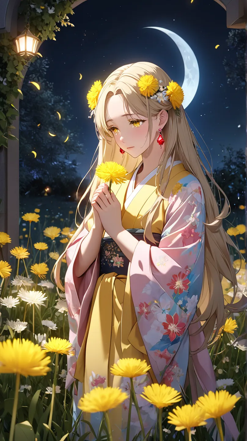 Evening atmosphere with flower beds,There was a woman standing praying., with hope ,crying in a dandelion flower bed,a dark night accompanied by the sparkle of the moon,blonde and dressed like pink kimono,bright yellow eyes and long hair,He was praying for...