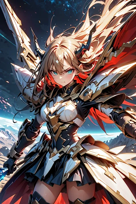 Girl using a weapon 、
1 girl,   serious expression、 long hair,   Mecha Girl,   Dragon Horn ,   Dragon wings on the back  ：1.2、  Jade Eyes,  cute face、Armed Girl、 White Armor 、 Exquisite white gauntlets 、Exquisite shin support image、Brilliant Armor 、Flutter...