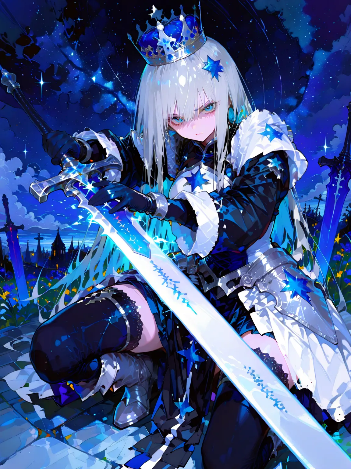 art style,(fantasic illustration,dark fantasv),masterpiece, best quality, high quality, illustration, high detail, newest, absurdres,highres,4k,
BREAK
knight girl ready sword with both hands, Shining Armor with beautiful decorations, starry night sky, Star...