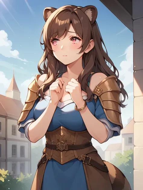 prompt: score_9, score_8_up, score_7_up,   source_anime，nsfw， uncensored，((masterpiece)), 1 girl, Alone, long hair, brown raccoon ears, brown raccoon tail，pink eyes, standing, shy, brown hair, one shoulder armor，Breath Armor，puffy face, look away, bracelet...