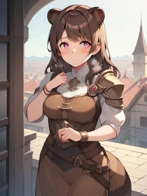 prompt: score_9, score_8_up, score_7_up,   source_anime，nsfw， uncensored，((masterpiece)), 1 girl, Alone, long hair, brown raccoon ears, brown raccoon tail，pink eyes, standing, shy, brown hair, one shoulder armor，Breath Armor，puffy face, look away, bracelet...