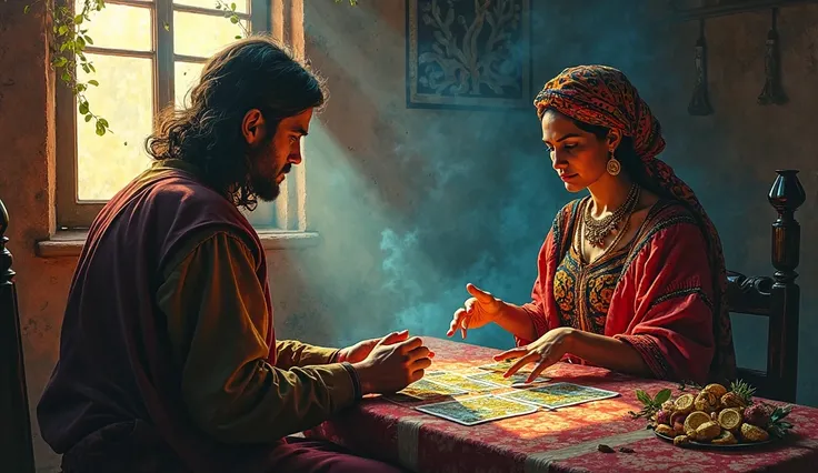 "A striking modern art painting capturing a mysterious scene of a Romani woman reading tarot cards, dressed in traditional Romani attire with a vibrant, layered skirt in deep reds and golds, a richly embroidered blouse with intricate patterns, and a colorf...