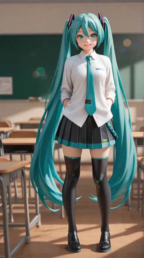 high quality,real, ultra-fine in 8K,High Quality,realistic,超high quality,Hatsune Miku, high school student,,uniform,smiles,classroom,full body,4K,8k,High Resolution,masterpiece,Ultra fine,realistic,Photo,HDR,UHD,studio lighting,Ultra fineな絵画,sharp focus,Ph...