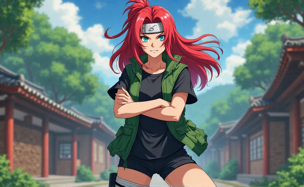  anime Naruto ,Women,red hair,A band from the village of La Hoja, blue eyes, a black shirt,with a black short and a green vest,This one with her arms crossed and angry 