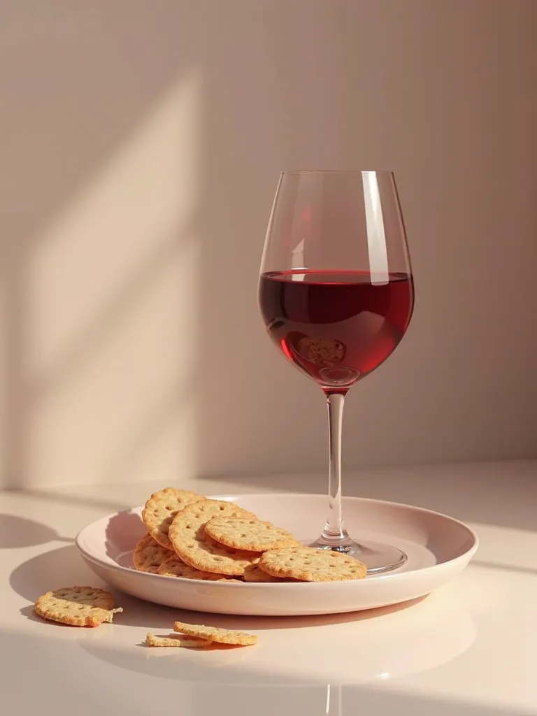 Glass of red wine on a table with a plate of thin and broken round unleavened cookies without yeast 