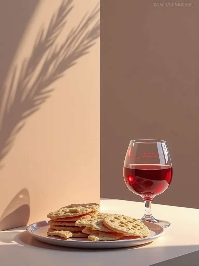 Glass of red wine on a table with a plate of thin and broken round unleavened cookies without yeast 