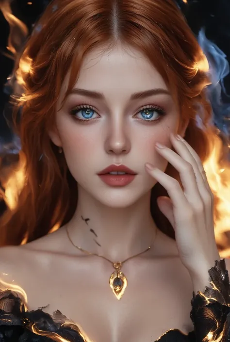 Droopy eyes((Long Straight Glowing Red Hair))beautiful, smooth, white, silky skin((very, very big eyes that shine red)) glossy red lips （hair flutters with strong hot air） very lean body、 Fire Spirit 、very gorgeous fantasy dress、Luxurious crown、Luxurious r...