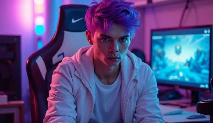 *A young man with striking purple hair, slightly messy as if he just got out of bed. He has sharp yet somewhat tired eyes, giving off a laid-back but intense aura. He wears a sleek white jacket, unzipped to reveal a simple fitted shirt underneath, and matc...