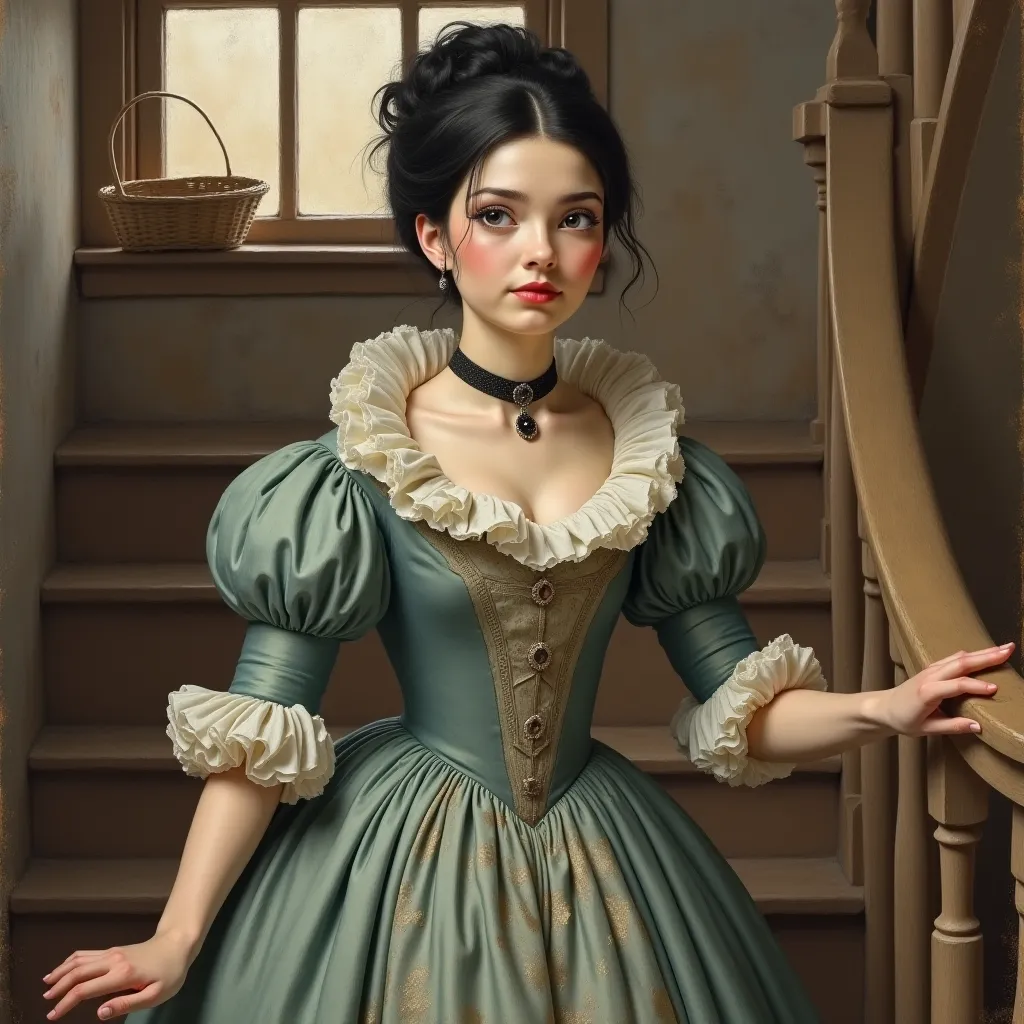 With elements of a handmade painting, like a painting from 1800, Make an image, with a young lady coming down the stairs from a rustic wooden house, She has an arrogant face with an air of superiority, And she has black hair tied in a bun, her dress is lig...