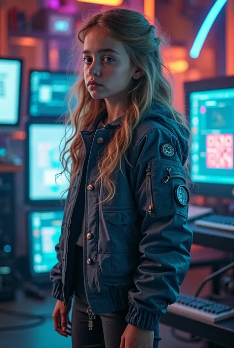 A young girl (or young ) dressed in modern and futuristic clothing, such as a jacket with pockets and cargo pants. She is standing in a room decorated with computer screens, cables and colored neon lights. One of the screens shows a flickering QR code. The...