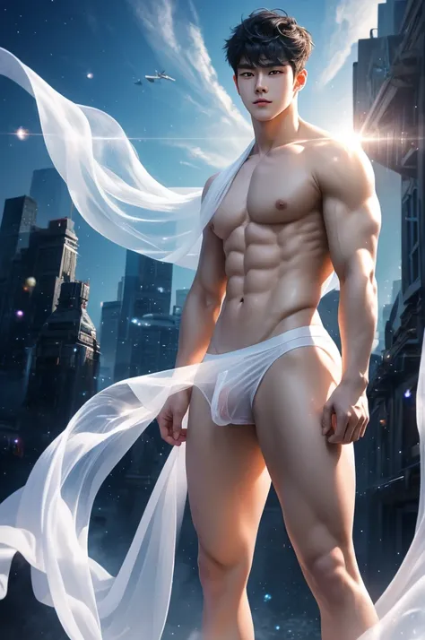 1boy, 20-years-old, handsome and cute boy (Chinese guy who looks like a K-pop idol), celestial city background, full length portrait, white flowing see-through clothes, white fabric, white flowing see-through underwear, holy aura, six-pack, standing, looki...