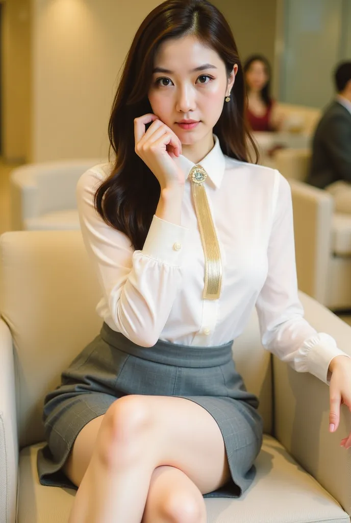 a young woman seated on a light-colored chair in an indoor setting, likely an office or lounge. She has long, dark hair styled neatly, and her expression is poised and confident. She is dressed in a professional yet stylish outfit, consisting of a white bl...