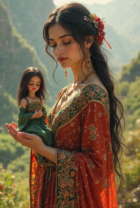 Iranian girl in traditional Persian dress holding brunette in her hand