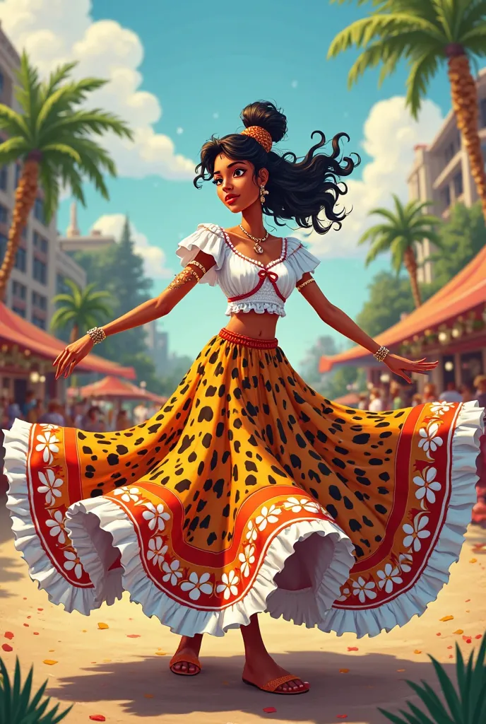 CARIMBÓ DANCER IN CARTOON FORMAT WITH LONG ROUND CHEETAH SKIRT,  flowery skirt , white lace blouse, TYPICAL OF BELÉM DO PARÁ