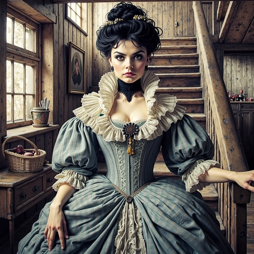 With elements of a handmade painting, like a painting from 1800, Make an image, with a young lady coming down the stairs of a rustic wooden house, She has an arrogant face with an air of superiority, And she has black hair tied in a bun, her dress is light...