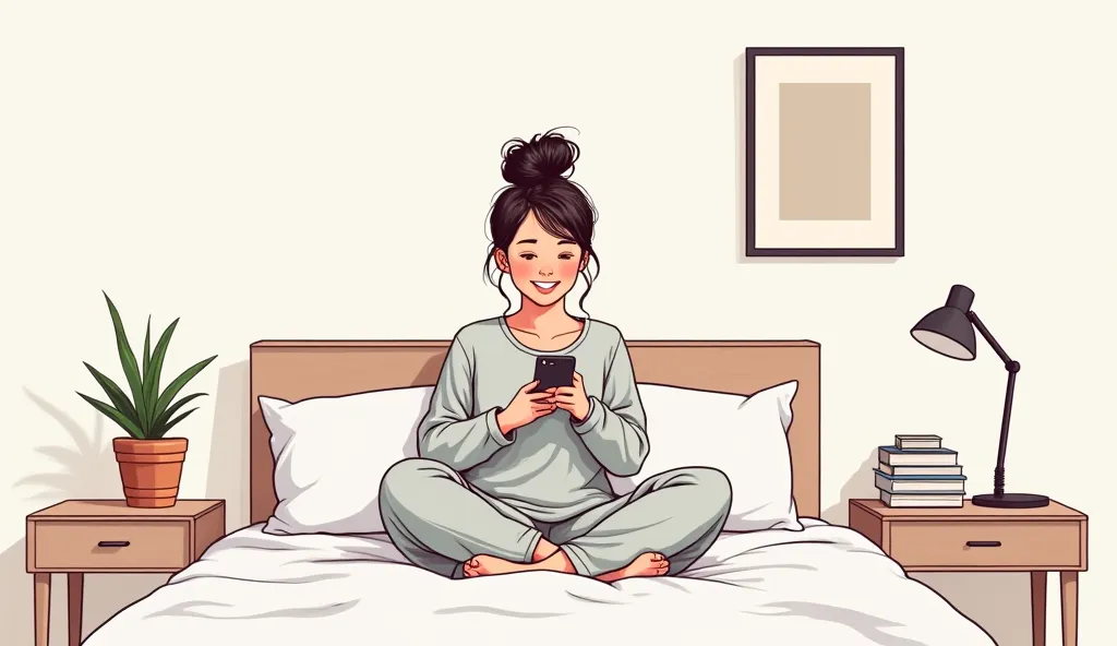 "An illustration of 25 years age girl in casual pajamas with a messy bun, sitting cross-legged on her bed in a minimalistic and clean bedroom. She is immersed in her phone, with a soft, relaxed posture. She seems happy, smiling. The room features a neatly ...