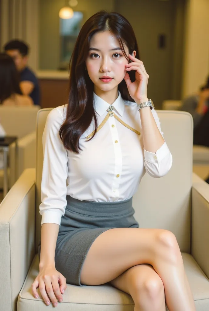 a young woman seated on a light-colored chair in an indoor setting, likely an office or lounge. She has long, dark hair styled neatly, and her expression is poised and confident. She is dressed in a professional yet stylish outfit, consisting of a white bl...