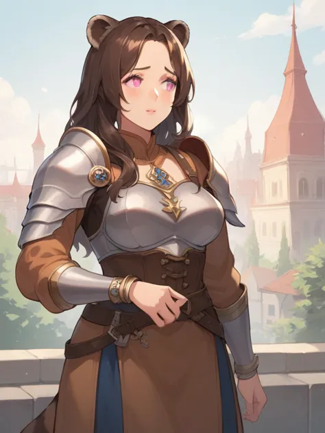 prompt: score_9, score_8_up, score_7_up,   source_anime，nsfw， uncensored，((masterpiece)), 1 girl, Alone, long hair, brown raccoon ears, brown raccoon tail，pink eyes, standing, shy, brown hair, one shoulder armor，Breath Armor，puffy face, look away, bracelet...