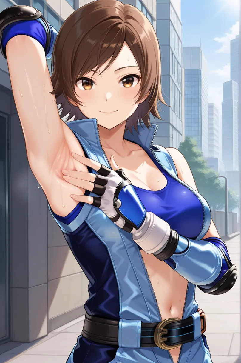 kazama asuka, brown hair, short hair, brown eyes, blue jumpsuit, sports bra, blue bra, sleeveless, collarbone, navel, stomach, unzipped, belt, fingerless gloves, elbow gloves, purple elbow pads, short shorts, blue-purple boots, shin guards, score_9, score_...