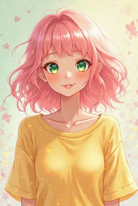 True beauty webtoon artstyle, Make a girl with Nafural Pink hair with green eyes and Yellow Top