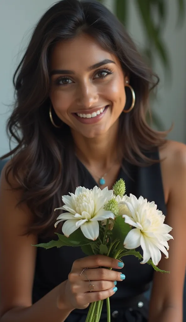 
A indian elegant entreprenuer fair adult girl with  round shape face  sky blue nail polish shade in hand wearing beautiful black dress close up sitting in office desk holding flower boquet in fashion bbotique
