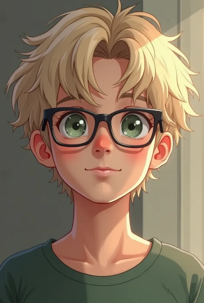 Give me picture of a boy has hair medium ash blonde vanilla matt boy and short and style hair going down like to his eyes not waved hair straight, face shape round no beared, eyes color green and Grey mixed he wear glasses invisible glass he has a one poin...