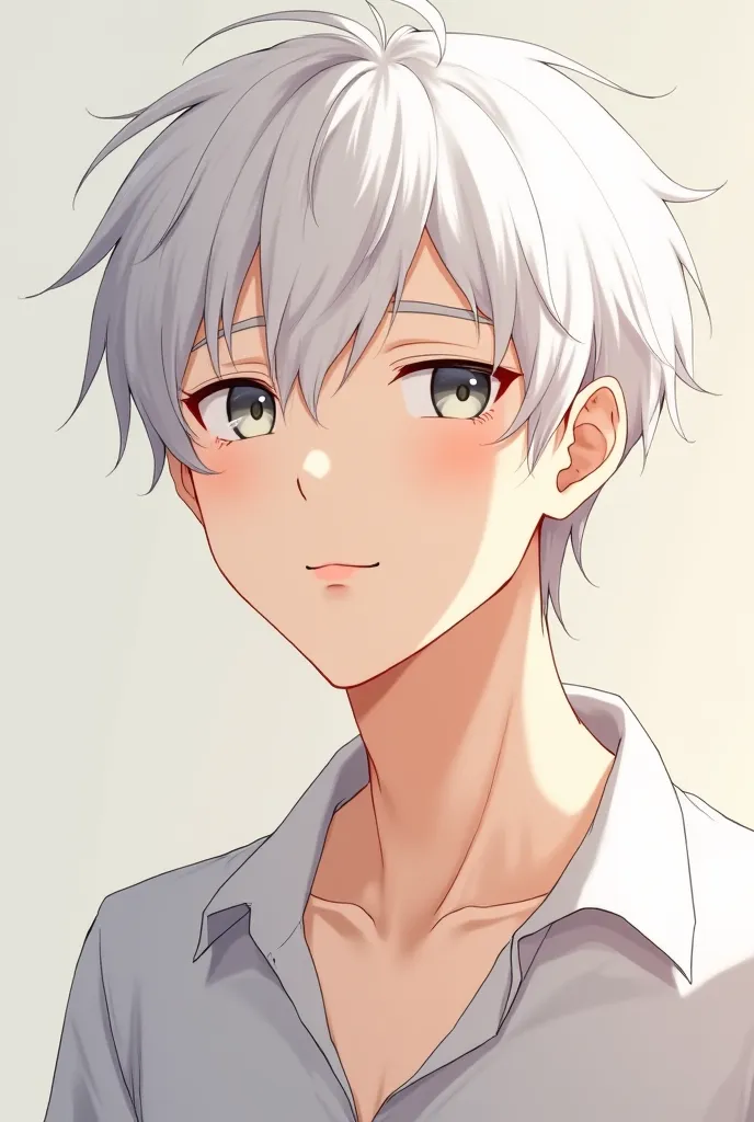 a man with white hair grey eyes and white skin also have a warm smile on his face and looks like in his 30's. anime art