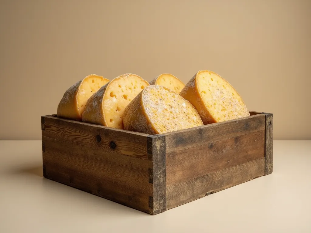 A wooden box with whole Parmesan cheeses inside, on an isolated background