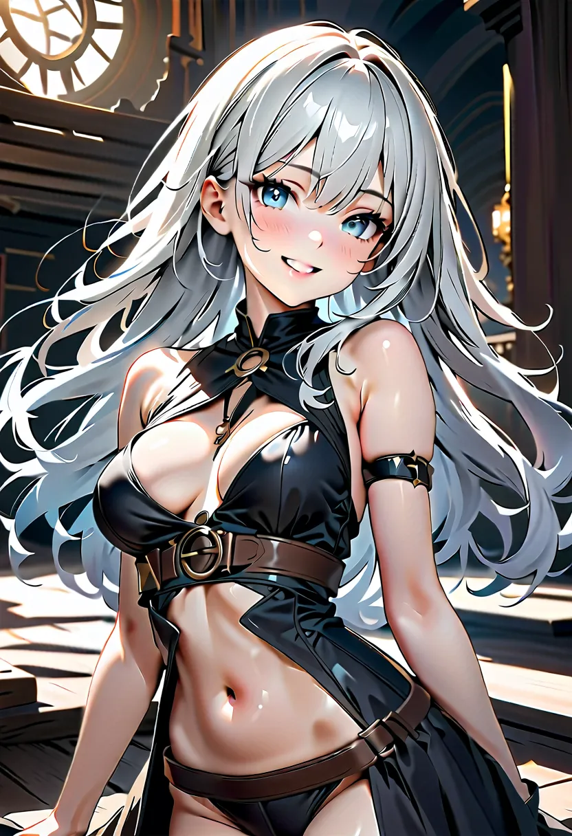 ((masterpiece, highest quality, Best image quality, High resolution)), ((Highly detailed CG synthesis 8k wallpaper)), steampunk、Young beautiful girl、No clothing on chest、 dream-like, smile,white hair