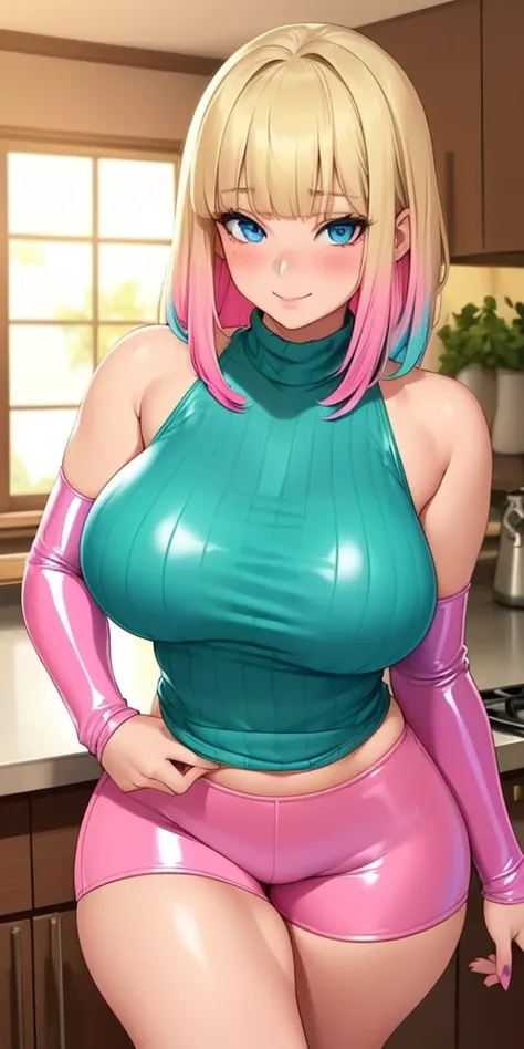 Big breasts, busty beautiful ((1cute and beautiful girl, blue eyes)), ((multicolored blonder hair with bangs))extremely sexy body, ((tight Green tank top sweater with high neck and long sleeves)), ((Pink latex shorts)), shy smile, blush, (looking at viewer...