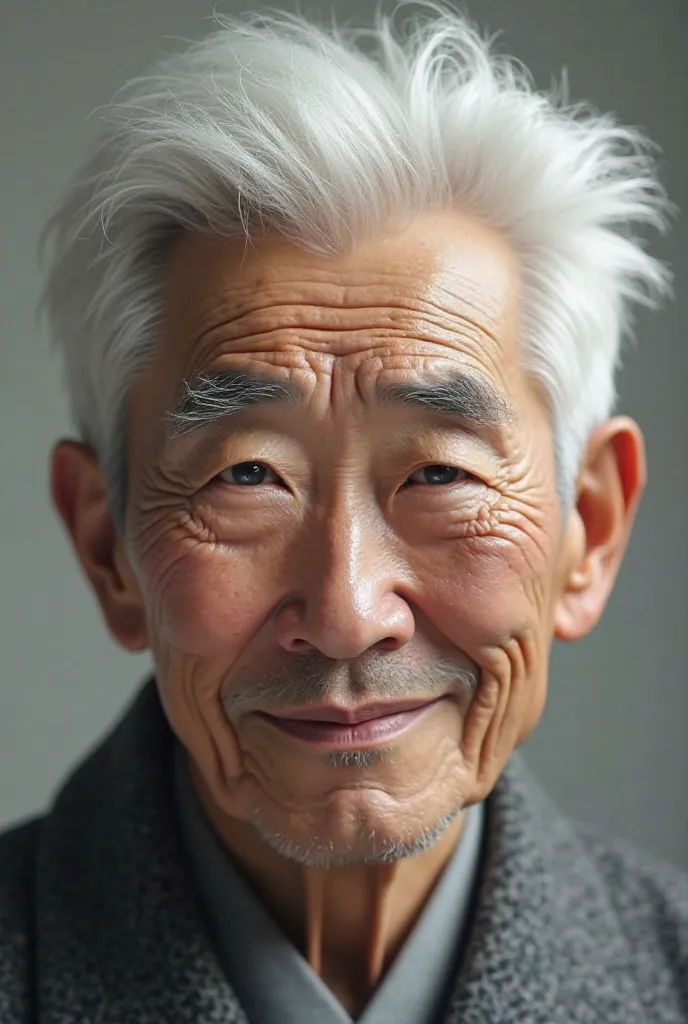 a man with white hair grey eyes and white skin also have a warm smile on his face and he is korean