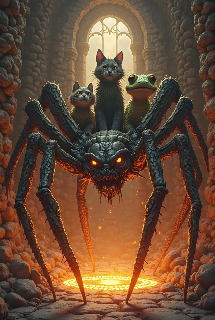 basement of a castle, In the middle of a circle of fire, a creature with the body of a spider emerges,  three heads, A cat's head, the middle head of a king long and wearing a crown, And the third head of a frog