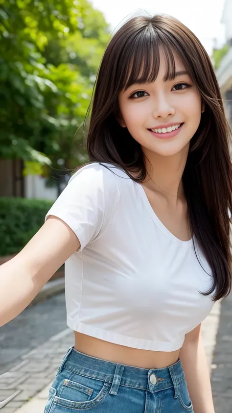 (best quality, Super Detail),  bright and brightly colored please stick out , Playful Smile with a Beautiful Face, perfect style, Perfect face , stylish makeup, Short Denim Shorts, long brown black hair fluttering in the wind, Attractive Smiling Eyes, Deep...