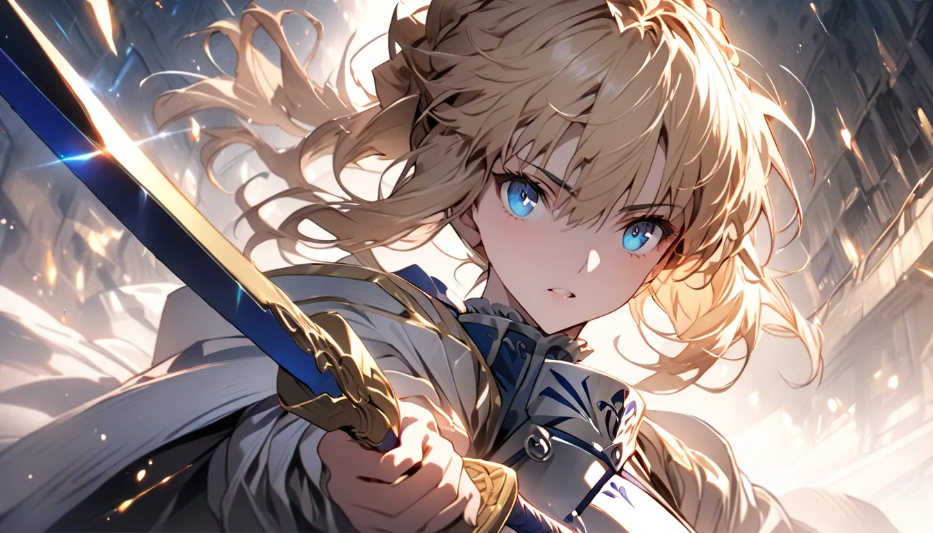 (masterpiece: 1.2), (highest quality: 1.2),  perfect eyes , perfect face, perfect lighting, 1 girl, to know,  holding the sword Artoria Pendragon \(fate\), fate \(series\) beautiful perspective , aesthetics, detailed,  beautiful color incredible quality , ...