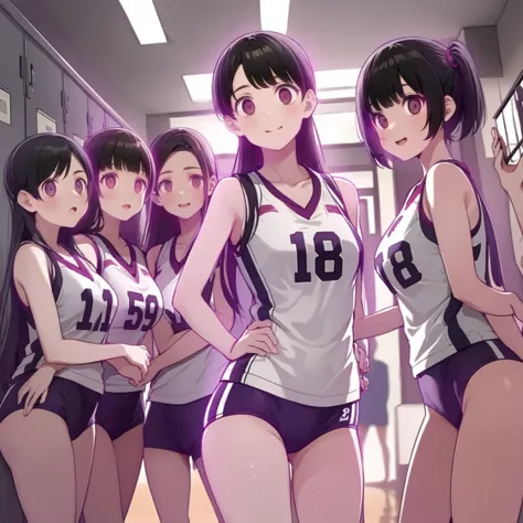 ( Masterpieces, high quality), (multi girls), 18 years old, , locker room, (volleyball uniform),  (  Group Selfies), Wide angle, Soft light, expressionless,  no emotion, close your mouth, no light in eyes