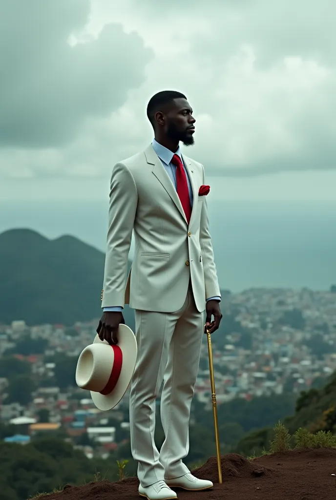 a handsome black man, powerful and miraculous wears an impeccable white suit,  with a vibrant red tie , tight pants and shiny shoes. In his hands a white cane with gold, wearing a white gangster hat with a red ribbon, as he silently observes the vast favel...