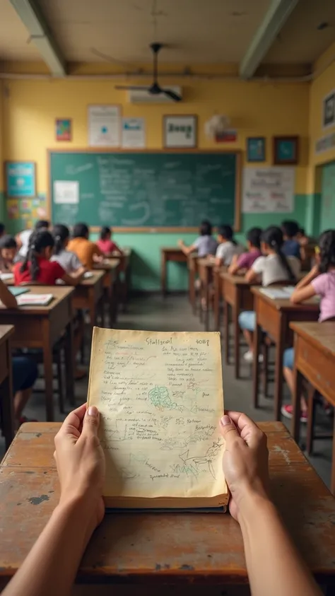 "First person, point of view, you have your notebook in your hands and you are in a Latin American classroom.