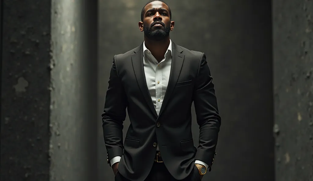 Akin (Main Character)

Face & Hair: Dark-skinned Nigerian man, sharp jawline, well-groomed beard, fade haircut with a sharp line-up.

Clothing: Tailored black designer suit, white button-up shirt (top two buttons undone), black dress pants, polished black ...