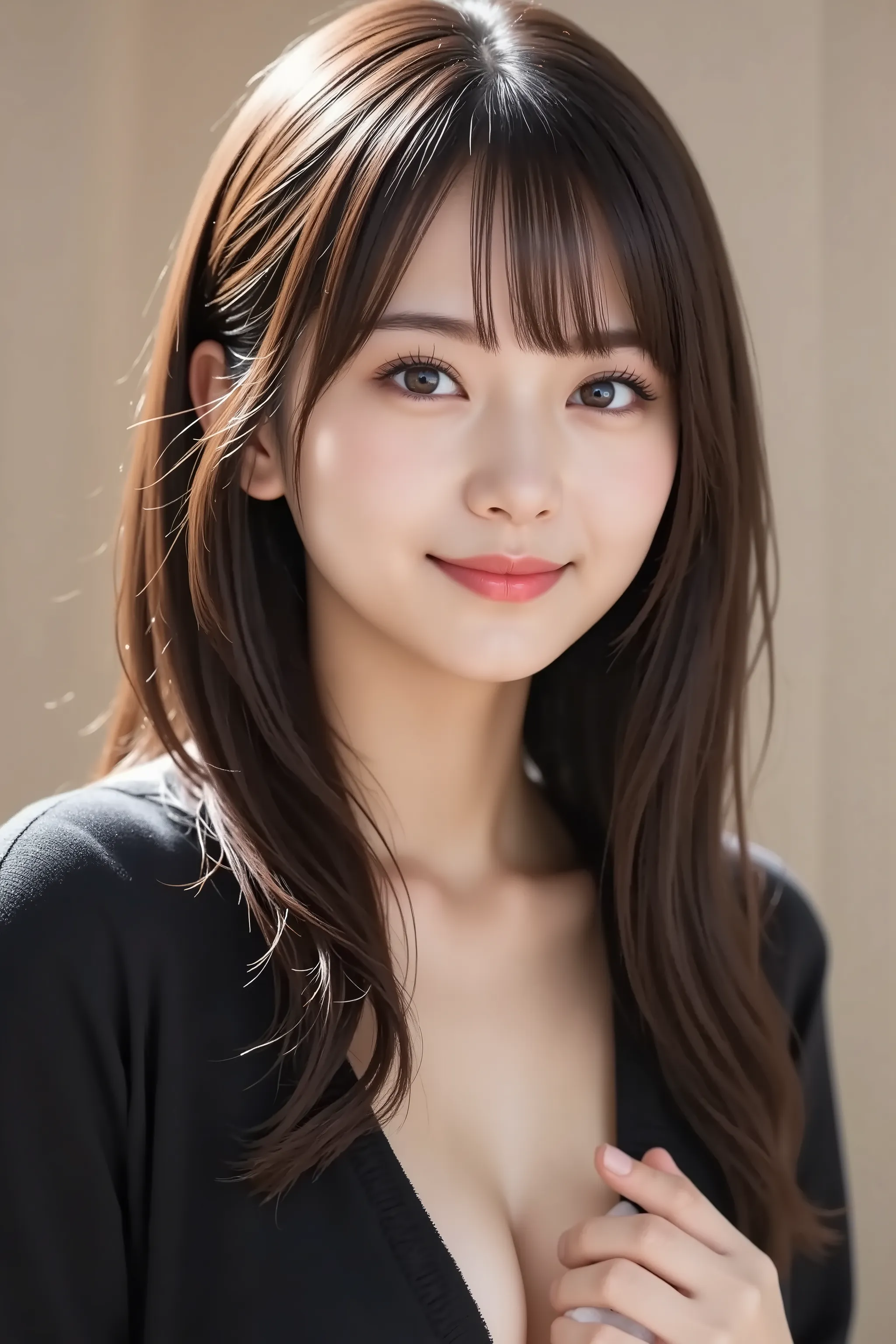 The face is positioned exactly in the center of the image , fully reflects the entire head , Face clearly visible、 black sweater, Hospital room, long hair、bungs, smile, young and cute japanese face , Official Art, high image quality CG Unity 8k wallpaper,U...