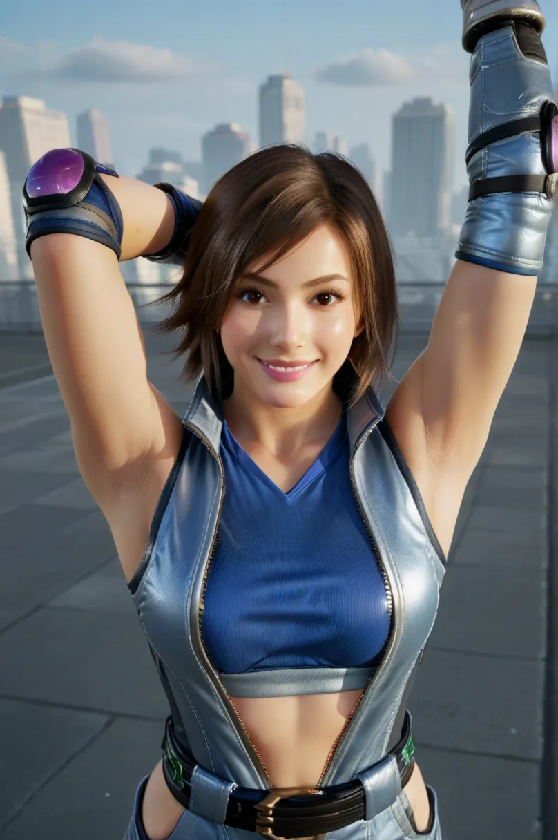 kazama asuka, brown hair, short hair, brown eyes, blue jumpsuit, sports bra, blue bra, sleeveless, collarbone, navel, stomach, unzipped, belt, fingerless gloves, elbow gloves, purple elbow pads, short shorts, blue-purple boots, shin guards, score_9, score_...