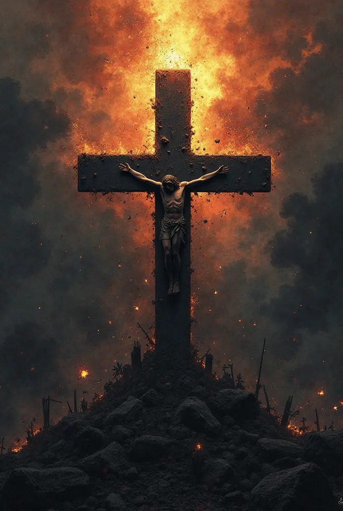 Create an image with elements such as shadow of wars,  diseases , over black, weapons, weapons soldados, Bombas. And add the Cross of Jesus as the main part of the illustration, I need the art in high resolution I need the image like a climate of war